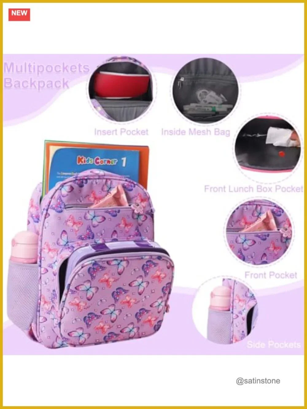 Kids Backpack for Girls 15 Inch School Bookbag Butterfly Design Kindergarten